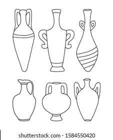 Set of jugs, amphorae and plates in pastel colors with mosaic terrazzo isolated on a white background in hand drawn style. Vector stock illustration