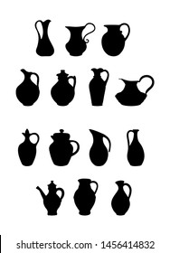 Set of jugs of different shapes and configurations for design and decoration. Flat design.