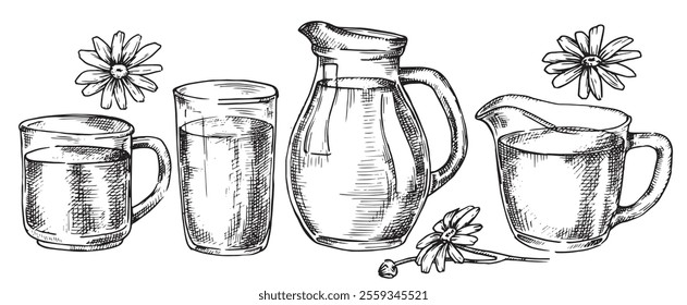 set with jugs and glasses of milk. Vector illustration in sketch style. farm products, vintage