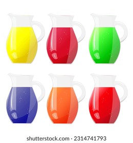 Set jugs  with lemonade juice. Color jugs. Refreshing drink. For design of fresh product, juice, canned food, menu for cafe, poster. Flat vector illustration design.