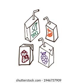 set of juice box isolated on white background. green tea, orange, strawberry and grape flavors. box package  with straw. hand drawn vector. doodle art for logo, label, clipart, sticker, poster.