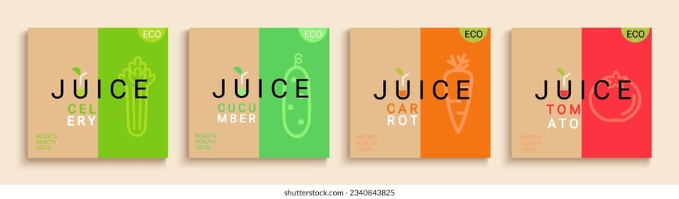 Set of juice cards.Celery,cucumber,carrot,tomato juices flyers for healthy drinks in minimal flat style.Fruits,vegetables drinks.Template for design for local markets and eco farms.Vector illustration