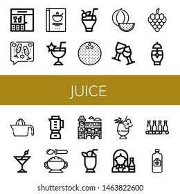 Set of juice icons such as Bar, Toast, Cereals, Cocktail, Coconut, Watermelon, Grapes, Juicer, Blender, Baby food, Mimosa, Bartender, Bottle, Juice , juice
