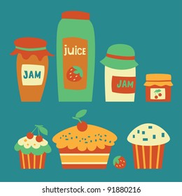 Set of juice, jam and cakes