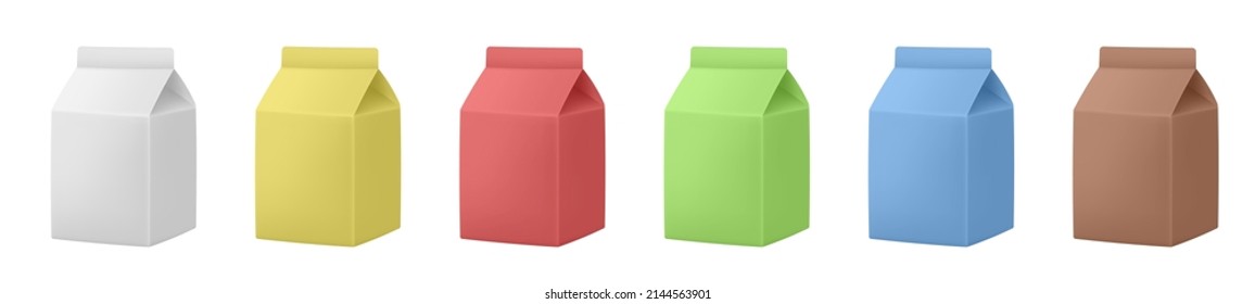 Set of juice or milk cardboard package. Vector mockup set. Realistic carton package. Yellow, white, red, green, blue and brown boxes for dairy products. Banana, strawberry, kiwi or chocolate milkshake