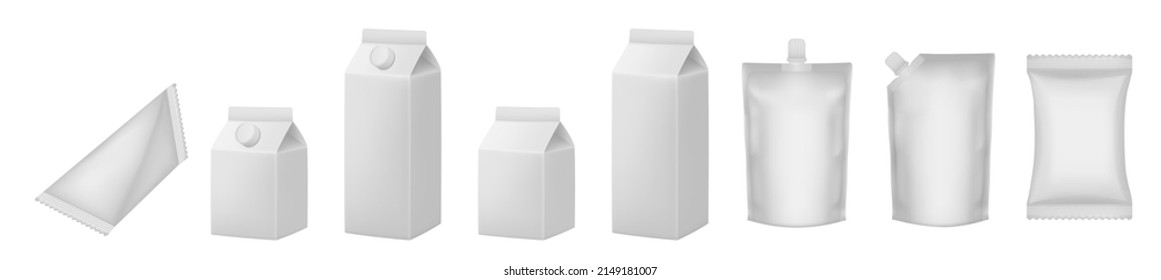 Set of juice or milk cardboard package. Vector mockup set. Realistic carton package with cap. White boxes for dairy products. Realistic doy pack mockups. White flow pack, sachet. 