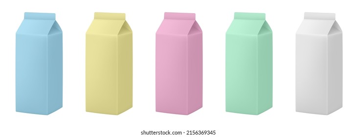 Paquete de jugo o de cartón de leche. Juego de simulación de vectores. Paquete de cartón realista. Cajas amarillas, blancas, rosas, azules y verdes para productos lácteos. plátano, fresa, caramelo o batido de chocolate