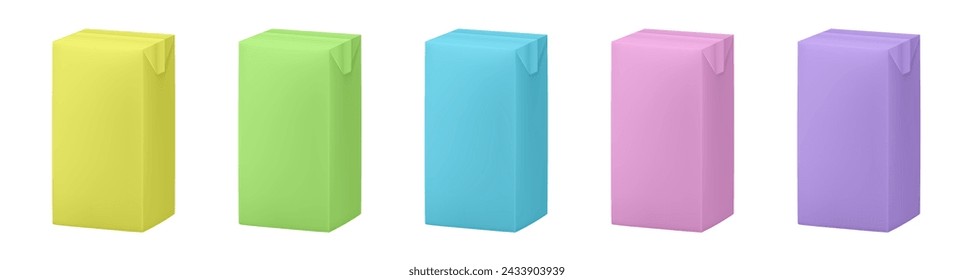 Set of juice or milk cardboard package. Vector mockup . Carton package. Yellow, green, blue, pink and purple boxes for dairy products. Banana, strawberry, vanilla, wildberry or bubble gum milkshake