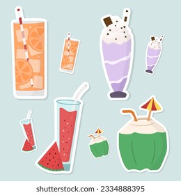 Set of juice and milkshake stickers. Hand drawn vector illustration.