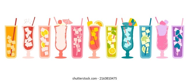 Set juice and milkshakes. Vector flat illustration with texture. Refreshing drink for bar. Alcoholic cocktail with ice. Healthy drink with berries and citrus. Milkshake with marshmallows and cream