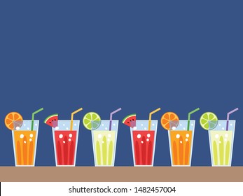 set of juice are on bar, orange juice, watermelon juice and lemonade with dark blue background. 