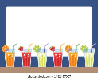 set of juice are on bar, orange juice, watermelon juice and lemonade with white space for add text or title. 