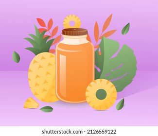 Set of juice. Pineapple in full form, liquid and round. Delicacy, tasty and healthy fruits and vitamins, healthy products. Nutrition, diet and vegetarianism. Cartoon flat vector illustration