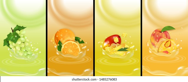 Set juice splash fresh fruits. Grape, Orange, Peach and Mango 3d realistic vector illustration. Package design or poster, advertising.