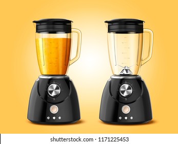 Set of juicer blender appliances in 3d illustration, one full of juice and the other one is empty