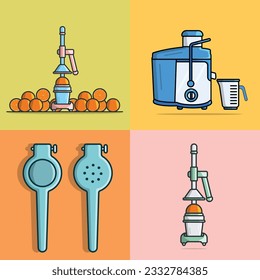 Set of Juicer Machine and Juicer Elements vector illustration. Kitchen and Juice shop interior working tool icon concept. Electric Kitchen Juicer and Manual Juice Squeezer vector design.