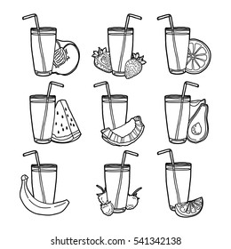 Set juices from fruits and berry. Collection of illustrations of drinks for a healthy diet. Juice from the berries, fruits  for vegetarians. Doodle line cute style. Vector.