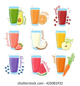 Set juices from fruits and vegetables. Collection of illustrations of drinks for a healthy diet. Juice from the berries, fruits and vegetables for vegetarians. Doodle cute style. Vector.