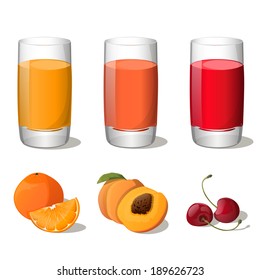 Set of juices in glass (orange, peach, cherry) isolated on white background. Vector Illustration. All fruits are in groups and easy to use.