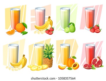 Set of juices and smoothies. Fresh fruit drink in glass. Peach, strawberry, banana, lime, pomegranate, orange, pineapple. Vector illustration isolated on white background.