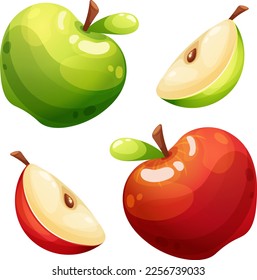 Set of juicy apples of red and green color, whole and slice. Summer fruit collection