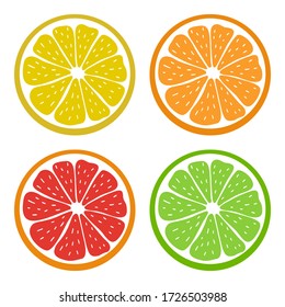 Set of juicy citrus icons. Stock vector illustration. Lemon, orange, grapefruit, lime. Bright colorful Isolated elements on white background. For creative designs, logos, stickers, menus, prints, etc.