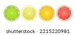 Set of juicy citrus slices. Realistic 3d vector illustration. Lemon, orange, grapefruit, lime icons set. Bright colorful Isolated elements on white background. For creative designs, logos, stickers