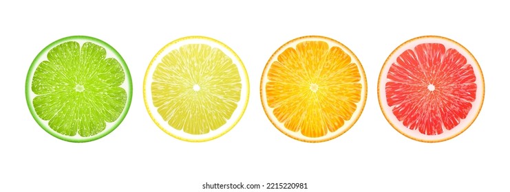 Set of juicy citrus slices. Realistic 3d vector illustration. Lemon, orange, grapefruit, lime icons set. Bright colorful Isolated elements on white background. For creative designs, logos, stickers