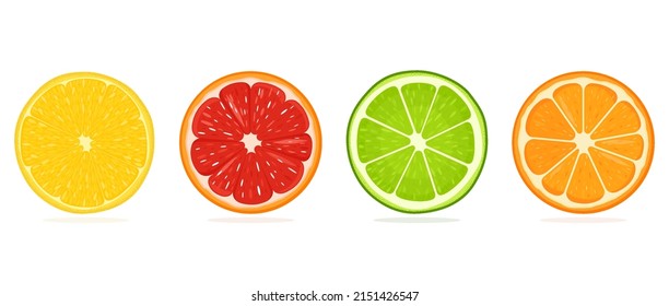 Set of juicy citrus slices.Stock vector illustration. Lemon, orange, grapefruit, lime icons. Bright colorful Isolated elements on white background. For creative designs, logos, stickers