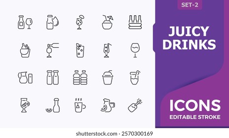 Set of Juicy Drinks line icons. Containing soft, drinks, beverages, juice, soda, beer and more. Minimalistic icon. Vector outline icons collection.