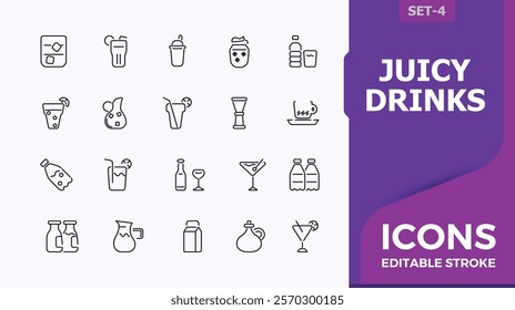 Set of Juicy Drinks line icons. Containing soft, drinks, beverages, juice, soda, beer and more. Minimalistic icon. Vector outline icons collection.