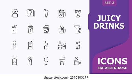 Set of Juicy Drinks line icons. Containing soft, drinks, beverages, juice, soda, beer and more. Minimalistic icon. Vector outline icons collection.