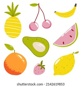 Set of juicy fruit pineapple, cherry, banana, tangerine, avocado, watermelon, strawberry, lemon. Vector illustration in cartoon style for card, poster, cover, invitation, sticker