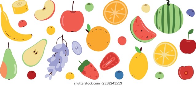 Set of juicy fruits. Banana, apple, orange, watermelon, pear, grape, strawberry, lemon, cherry. Vector hand made image. 