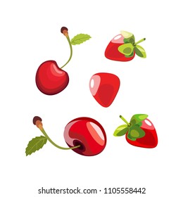 A set of juicy fruits. Berries of cherries and cubes with leaves. Isolated icons on white background. Natural all-rounder food. Vegetarian foods. Vector illustration

