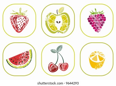 Set of juicy fruits and berries with grunge texture