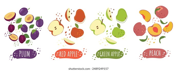 Set of juicy fruits with inscriptions and dots. Apple, plum, peach on a white background. For stickers, packaging, logo. Simple vector graphics in flat style.