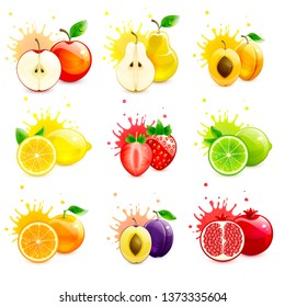 set of juicy fruits with splashes of juice on a white background