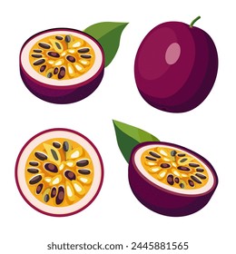 Set von saftigen und gesunden violetten Passionsfrüchten und Scheiben isoliert auf weißem Hintergrund. Vektorgrafik geschnittene Frucht-Illustration im flachen Stil. Sommer-Clipart für Kartendesign, Banner, Flyer, Sale, Poster