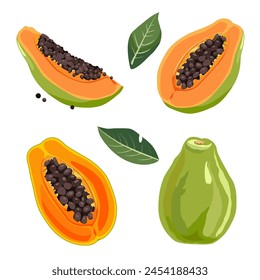 Conjunto de papaya verde amarilla jugosa y saludable y rebanadas aisladas sobre fondo blanco. Ilustración de fruta cortada en Vector en estilo plano. Clipart de verano para el diseño de la tarjeta, Anuncio, volante, venta, cartel