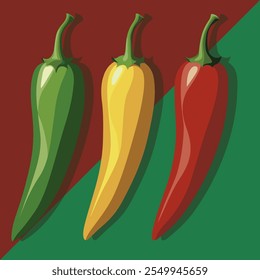 Set of juicy hot peppers. Red, green and yellow peppers on a bright background. Vector illustration of a bright culinary background