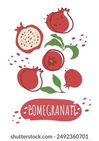 Set of juicy pomegranate with text. Fresh, summer and delicious fruits. Vector label of organic fruits. Eco-label for natural pomegranate flavor. Design for juice, smoothie, cosmetics, rosh hashanah