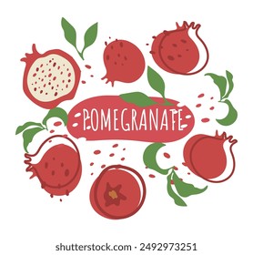 Set of juicy pomegranate with text. Fresh, summer and delicious fruits. Vector label of organic fruits. Eco-label for natural pomegranate flavor. Design for juice, smoothie, cosmetics, rosh hashanah