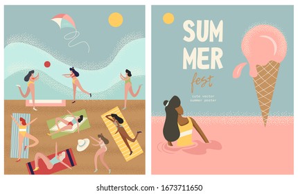 Set of juicy summer beach posters with girls