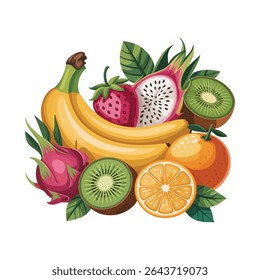 Set of juicy summer fruits banana, kiwi, strawberry, papaya, lemon, orange, dragon fruit vector illustration on a white background