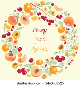 A set of juicy summer fruits and berries - sweet cherry, apricot, peach arranged in circle. All elements are drawn by hand. For your design, scrapbooking, textiles and printing.