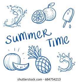 Set of juicy summer fruits and popsicle ice cream with water splashes and summer typography. Hand drawn line art doodle vector illustration.