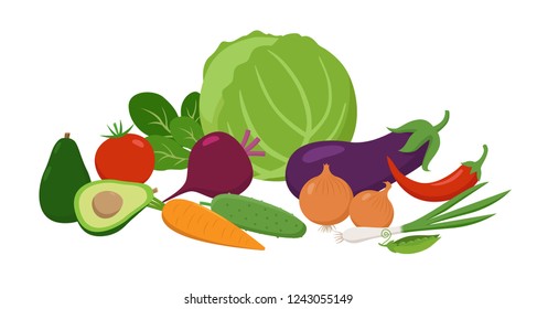 Set of juicy vegetables grouped together in flat design. Vitamins food vector concept illustration isolated on white. 