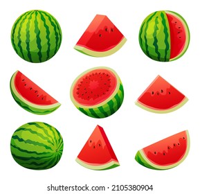 Set of juicy watermelon whole, half and cut slice illustration isolated on white background