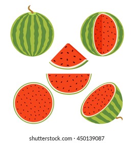 Set of juicy whole watermelons and slices in flat vector style. Watermelon illustration.